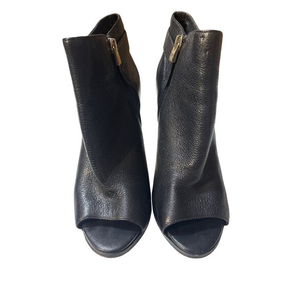 Marciano Womens Black Leather Peep-Toe High-Heel Ankle Booties With Gold Buckle - Picture 3 of 8